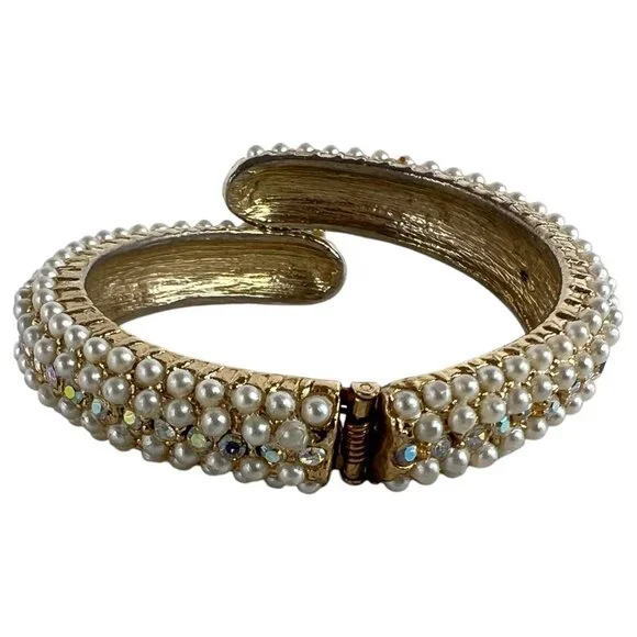 Vintage Faux Pearl And Rhinestone Hinged Bracelet Gold Tone Cuff Wrap Clamper - Picture 10 of 10